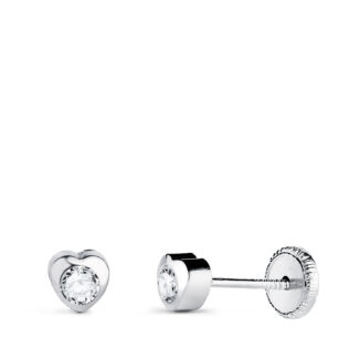 18K PENDIENTES ORO BLANCO CORAZON CON CIRCONITA, MEDIDA: 4 X 4 MM CIERRE TUERCA