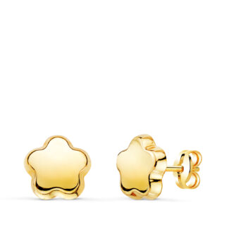 18K PENDIENTES ORO AMARILLO FLOR LISA BRILLO 7,5 X 7,5 MM, CIERRE PRESION