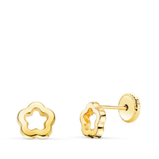 18K PENDIENTES ORO AMARILLO FLOR BRILLO CALADA 6 X 6 MM, CIERRE TUERCA