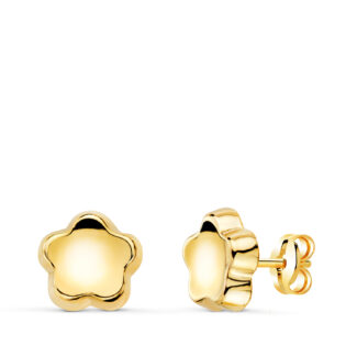 18K PENDIENTES ORO AMARILLO FLOR CONCAVO EN BRILLO 7,5X7,5 MM, CIERRE PRESION