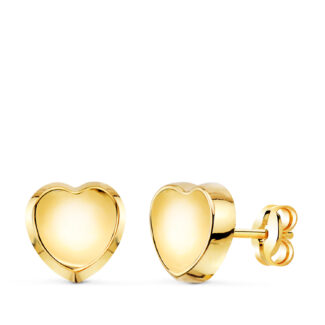 18K PENDIENTES ORO AMARILLO CORAZON CONCAVO EN BRILLO 8X8 MM, CIERRE PRESION