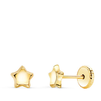 18K PENDIENTES ORO AMARILLO ESTRELLA CONCAVO EN BRILLO 5X5 MM, CIERRE TUERCA