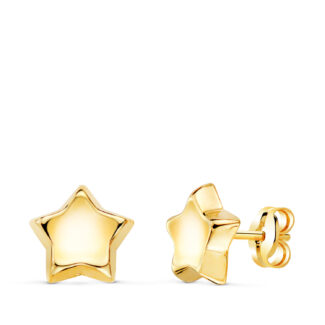 18K PENDIENTES ORO AMARILLO ESTRELLA CONCAVO EN BRILLO 8X8 MM, CIERRE PRESION