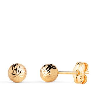 18K PENDIENTES ORO AMARILLO BOLA TALLADA HUECA, ANCHO: 5 MM, CIERRE PRESION