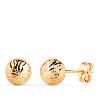 18K PENDIENTES ORO AMARILLO BOLA TALLADA HUECA, ANCHO: 7 MM, CIERRE PRESION