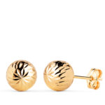 18K PENDIENTES ORO AMARILLO BOLA TALLADA HUECA, ANCHO: 8 MM, CIERRE PRESION