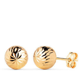18K PENDIENTES ORO AMARILLO BOLA TALLADA HUECA, ANCHO: 8 MM, CIERRE PRESION