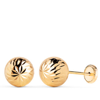 18K PENDIENTES ORO AMARILLO BOLA TALLADA HUECA, ANCHO: 8 MM, CIERRE TUERCA