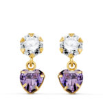 18K PENDIENTES ORO AMARILLO DOS CUERPOS CON CIRCONITA Y AMATISTA CORAZON 14 X 5MM, CIERRE PRESION