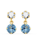 18K PENDIENTES ORO AMARILLO DOS CUERPOS CON CIRCONITA Y AGUAMARINA REDONDA 15 X 6MM, CIERRE PRESION