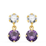 18K PENDIENTES ORO AMARILLO DOS CUERPOS CON CIRCONITA Y AMATISTA REDONDA 15 X 6 MM, CIERRE PRESION