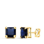 18K PENDIENTES ORO AMARILLO CUADRADOS PIEDRA COLOR AZUL 6 X 6 MM, CIERRE PRESION