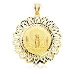 18K MEDALLA ORO AMARILLO VIRGEN DEL PILAR REDONDA 22 MM CON CERCO TALLADO 40X40 MM