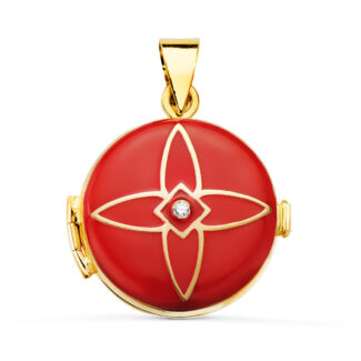 18K PORTAFOTOS COLGANTE ORO AMARILLO GUARDAPELO DIJE REDONDO ESMALTE ROJO DIAMANTE 0,035 QTES, 21 MM