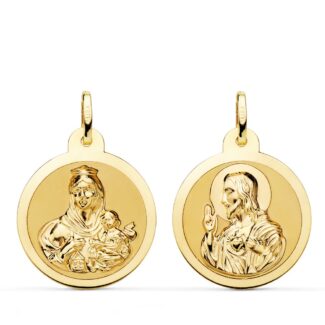 9K ESCAPULARIO ORO AMARILLO BRILLO VIRGEN DEL CARMEN Y CORAZON DE JESUS 22 MM