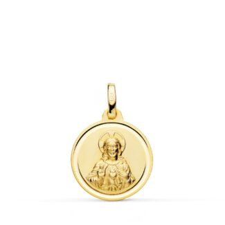 18K MEDALLA ORO AMARILLO CRISTO SAGRADO CORAZON JESUS BISEL 16 MM