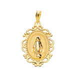 18K MEDALLA ORO AMARILLO VIRGEN MILAGROSA CERCO FILIGRANA EN BRILLO FRANCES 23 X 16 MM