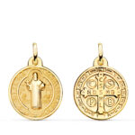 18K MEDALLA ESCAPULARIO SAN BENITO MONJE BRILLO Y FONDO MATIZADO 20 MM ESPALDA EN BRILLO
