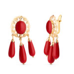 18K PENDIENTES ORO AMARILLO TALLADOS CON CORAL OVAL Y 3 LAGRIMAS. 37X15 MM.CIERRE CATALAN