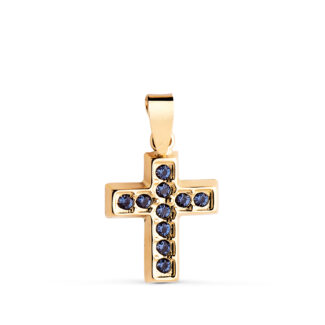 18K CRUZ ORO AMARILLO CON CIRCONITAS AZULES. MEDIDA: 13,5 X 10 MM