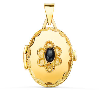 18K GUARDAPELO DIJE PORTAFOTOS ORO AMARILLO OVAL CON PIEDRA AZUL Y BORDE HILO RELIADO. 23 X 18 MM
