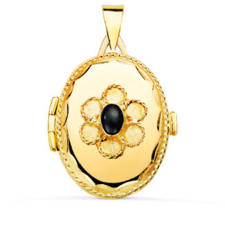 18K GUARDAPELO DIJE PORTAFOTOS ORO AMARILLO OVAL CON PIEDRA AZUL Y BORDE HILO RELIADO. 26X21 MM