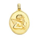18K COLGANTE MEDALLA ORO AMARILLO ACABADO EN BRILLO Y ANGEL BURLON EN MATIZADO 24X18 MM