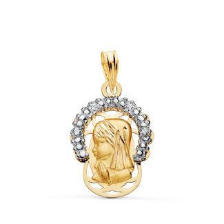 18K COLGANTE ORO BICOLOR VIRGEN NIÑA CORONA CON CIRCONITAS. MEDIDA: 20 X 14 MM