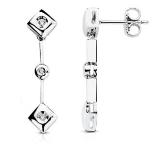 18K PENDIENTES ORO BLANCO DIAMANTES TALLA BRILLANTE 0.10 QTS. 28X7 MM CIERRE PRESION