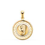 18K MEDALLA ORO BICOLOR VIRGEN NIÑA REDONDA CERCO CALADO. MEDIDA: 17 MM
