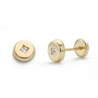 18K PENDIENTES ORO AMARILLO CHATON TUERCA REDONDO CIRCONITA 5 MM