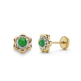 18K PENDIENTES ORO AMARILLO ESMERALDA Y CIRCONITA 6 MM CIERRE TUERCA