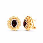 18K PENDIENTES ORO AMARILLO PIEDRA GRANATE Y CIRCONITAS  15 X 14 MM CIERRE OMEGA