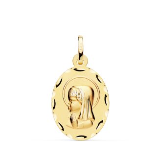 18K MEDALLA ORO AMARILLO VIRGEN NIÑA OVAL TALLADA MATIZADA. MEDIDA: 23 X 15 MM