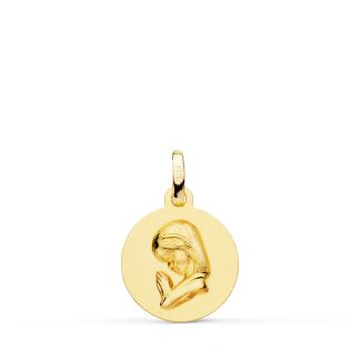 18K MEDALLA ORO AMARILLO VIRGEN NIÑA REDONDA LISA MATIZADA. MEDIDA: 14 MM