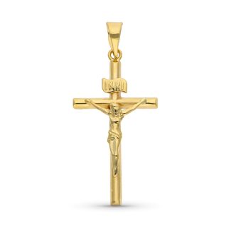 9K COLGANTE CRUZ CON CRISTO ESTAMPADO. MEDIDA: 24 X 14 MM. TUBO 2 MM
