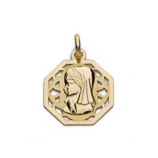 18K MEDALLA ORO AMARILLO VIRGEN NIÑA CERCO CALADO 17X14 MM