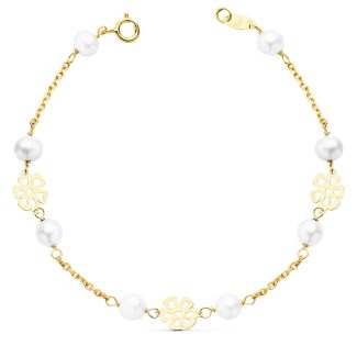 18K PULSERA ORO AMARILLO COMUNION FLORES CALADAS 17CM