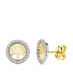 18K PENDIENTES ARBOL DE LA VIDA ORO BICOLOR 8 MM CIERRE PRESION