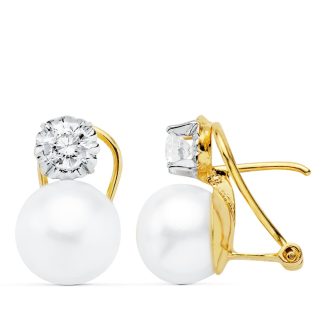 18K PENDIENTES BICOLOR PERLA BOTON 9,5 MM CIERRE OMEGA