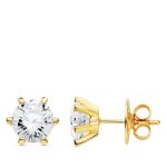 18K PENDIENTES ORO AMARILLO 6 GARRAS CIRCONITA 8X8 MM CIERRE PRESION