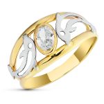 18K SORTIJA ORO BICOLOR DOBLE CUERPO CON DELFINES Y CIRCONITA, ANCHO: 9 MM