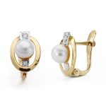 18K PENDIENTES ORO BICOLOR COMUNION PERLA CIRCONITA 10X7 MM CIERRE CATALAN