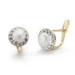 18K PENDIENTES ORO BICOLOR COMUNION PERLA Y CIRCONITA 8 MM CIERRE CATALAN