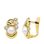 18K PENDIENTES ORO AMARILLO PERLA Y CIRCONITA 12X8 MM CIERRE CATALAN
