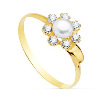 18K SORTIJA COMUNION PERLA 4 MM,CIRCONITAS