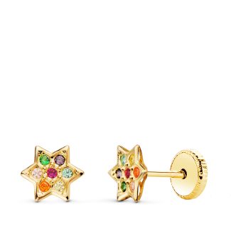 18K PENDIENTES ORO AMARILLO ESTRELLA CON CIRCONITA COLORES 6X6 MM CIERRE TUERCA