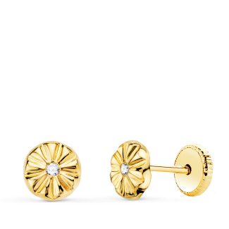 18K PENDIENTES ORO AMARILLO REDONDOS CON CIRCONITA 5 X 5 MM CIERRE TUERCA