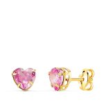18K PENDIENTES ORO AMARILLO CORAZON CON CIRCONITA ROSA, MEDIDA: 5X5 MM, CIERRE PRESION