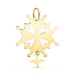 18K CRUZ DE HUGUENOTTE ORO AMARILLO CON PALOMA EN BRILLO, 32 X 25 MM